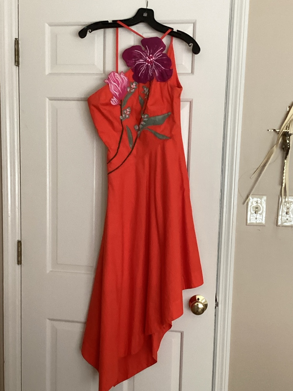 Anthropologie Red Floral Appliqué Asymmetric Dress